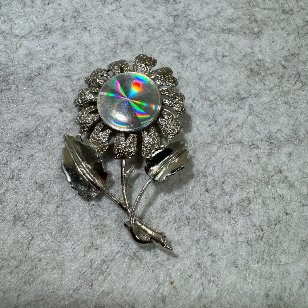 Vintage Silver Tone Flower Pin Brooch w/ Holographic Disc Center by Jewelarama